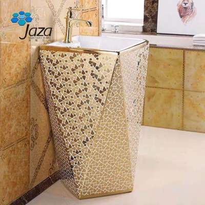 F-2216GW11 factory directly supply single hole diamond shape floor standing gold basin, luxury basin gold decorative wash basin